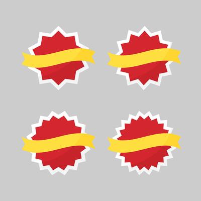 Set of Blank Red Round Starburst Edged Labels with White Borders and Yellow Ribbon. Flat Design Illustration.
