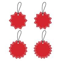 Set of Blank Red Round Starburst Edged Hang Tags with White Borders. Flat Design Illustration. vector