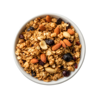 Overhead Shot of Granola with Nuts and Dried Cranberries in a White Bowl png