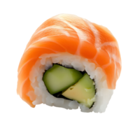 Closeup of a Salmon Sushi Roll with Avocado and Cucumber on Transparent Background png