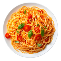Overhead Shot of Spaghetti with Tomatoes and Basil on White Plate png