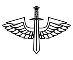 Hand drawn winged sword sketch in doodle style vector