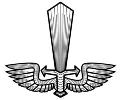 Hand drawn sword with wings. Engraved winged sword vector
