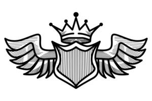 Shield emblem with hand drawn wings and crown vector
