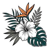 Tropical flowers and leaves with a hibiscus flower vector