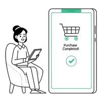 A woman is using her smartphone to check the status of her order vector