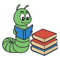 A cartoon worm reading a book with a stack of books vector