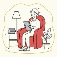 A woman sitting in a chair with a tablet computer vector