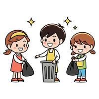Three children holding trash can and garbage bag vector