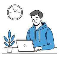 Man working on laptop with clock and plant vector