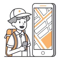 A man with backpack and phone standing in front of a map vector