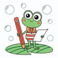 A frog with a pencil and paper is holding a piece of paper vector