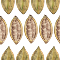 Seamless pattern featuring whole and halved cocoa beans. Hand-painted watercolor in botanical style with earthy tones of yellow, green, and brown. Ideal for fabric, wallpaper, and textile design png