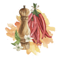 Watercolor illustration of a wooden mill for spices with red chili pepper, green leaves and white flowers on a yellow, orange background of spray. For design menu, kitchen decor or culinary design png