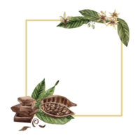A square frame with cocoa beans, chocolate, leaves and flowers of cocoa wood. The watercolor illustration is manually drawn in a botanical style. For the design of postcards, invitations, packaging png