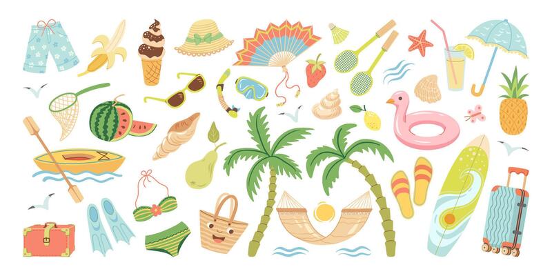 Summer vacation set. Colorful cartoon set of summer beach and travel elements, fruits, suitcase, summer sports, palm tree, tropical sea, hammock. Flat illustration for stickers, cards, banners.