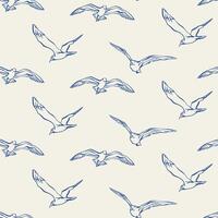 Seagulls seamless pattern. Flock of flying birds seamless pattern on a light background. Hand drawn blue line art illustration for fabric, wrapping paper, packaging, nautical design, wallpaper. vector
