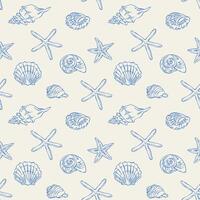 Seashell seamless pattern in hand drawn. Seamless pattern with seashells and starfish in blue line art style on a light background for fabric, wrapping, packaging, summer nautical design, wallpaper. vector