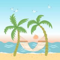 Hammock with palm trees on the beach. Tropical beach hammock on sunset landscape. Summer beach flat illustration with palms and seascape for banner, postcard, social media. vector