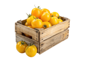 Fresh yellow tomatoes in an old wooden crate isolated on a transparent background food design png