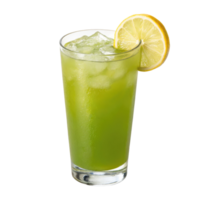 A glass of matcha yuzu lemonade with lemon slice isolated on a transparent background drinks design png