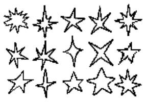 Pixel Star Outline Element Collection. A bold collection of fifteen pixelated star outline elements in retro jagged styles including starbursts diamonds sparkles. Perfect for vintage pixel art vector