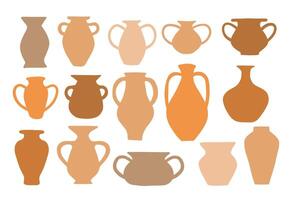 Freeform Pottery Silhouette Vase. A curated set of fifteen freeform pottery vase silhouettes featuring amphora jars necks flared lips and wide handles in earthy tones. Perfect for boho home decor vector