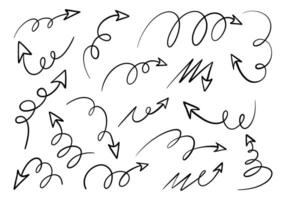 Freeform Curly Arrow Hand Drawn Doodle. A dynamic collection of seventeen curly arrows in hand drawn style featuring loops spirals swirls and scribbles for motion flow. Perfect for sketchy highlights vector