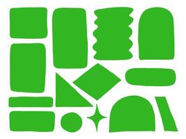 Freeform Abstract Green Shape Collection. A vibrant collection of fourteen freeform green abstract shapes including blocks curves zigzags domes and unique silhouettes. Perfect for geometric visual vector