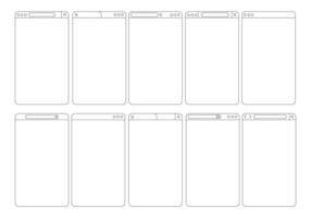 Minimalist Browser Frame Outline Icon. A complete collection of ten minimalist browser frame icons featuring tabs search bars headers navigation arrows and more. Perfect for web wireframes UI mockup vector