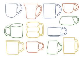 Minimalist Mug Outline Icon Collection. A modern collection of twelve minimalist mug icons in clean contour style including rounded tall for kitchen visuals. Perfect for cafe branding and cozy design vector