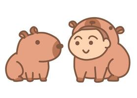 A boy in a capybara costume with one capybara vector
