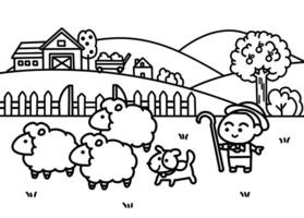 A boy leads a sheepdog on the sheep farm coloring pages style. vector
