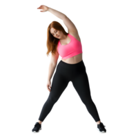Plus Size Woman Performing a Dynamic Stretching Exercise Routine png