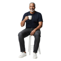 A Smiling Mature Man Relaxed with Coffee, Enjoying a Moment of Calm png
