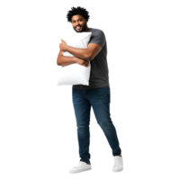 A Happy Man Embraces His Soft, Fluffy Pillow, Ready for a Relaxing Nights Sleep png