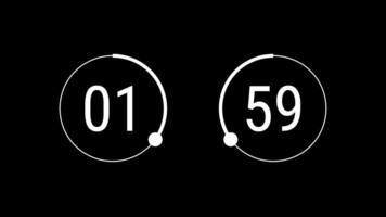 Counting 60 seconds in circle loop motion graphic on transparent background. One minute timer countdown and count up animated with alpha channel. Clock, counter, white. video