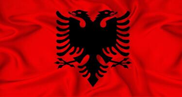 Realistic Albania flag waving. Close up of flag of Albania with cloth texture photo
