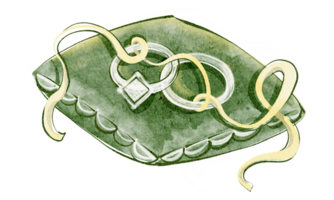 Hand drawn watercolor image of a wedding ring pillow with diamond rings. Includes elements related to engagement, marriage, and wedding ceremony. Suitable for celebration and proposal themes. png