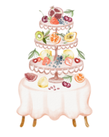 A watercolor illustration showing a table with a bowl of assorted fruits. Includes mango, berries, lemon, and leaves arranged in a still life composition. Natural food and organic ingredients. png