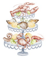 Hand drawn watercolor of a three-tiered stand with assorted seafood. Includes shrimp, lobster, mussels, squid, and lemon. Suitable for menus, restaurants, and seafood related designs. png
