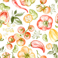 Hand drawn watercolor pattern with tomatoes, chili peppers, basil, and herbs. Seamless and tileable design for kitchen, textile, and food projects. Suitable for print and digital use. png