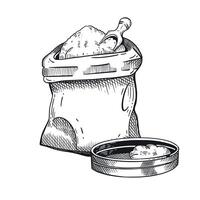 Bag of flour and wooden scoop, sieve for sifting flour. illustration. Suitable for printing on food packaging, wrapping paper, bakery design vector
