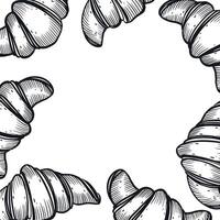 Square frame of croissants, fresh pastries. All objects are hand drawn in in dark gray. illustration. Suitable for design of packaging of sweets, flour, menu vector