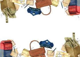 Double-sided watercolor border for Post Day, parcels, letters, mailboxes, bag and postman's cap, all objects are hand-painted in watercolor. For design of wrapping paper, goods at the post office vector