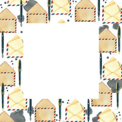 Square watercolor frame of letters, ink stains, writing pens, envelopes. All objects are hand-painted with watercolor. Suitable for printing on paper, for design of postal products, wrapping paper