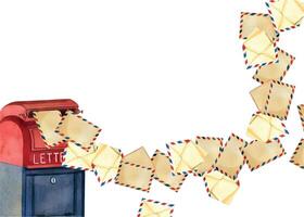 Mailbox red with blue and envelopes, letters, watercolor composition. All objects are hand-painted with watercolor. Suitable for World Post Day, printing on postcards, invitations, products vector