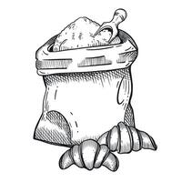 A bag of flour with a scoop for pouring and two croissants in the foreground. All objects are hand-drawn in in gray. Suitable for flour packaging design, bakery and confectionery menus vector