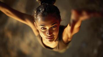 Top view of dancer reaching upward with strong expression photo