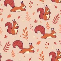 Seamless pattern with red squirrels and autumn flora. graphics. vector